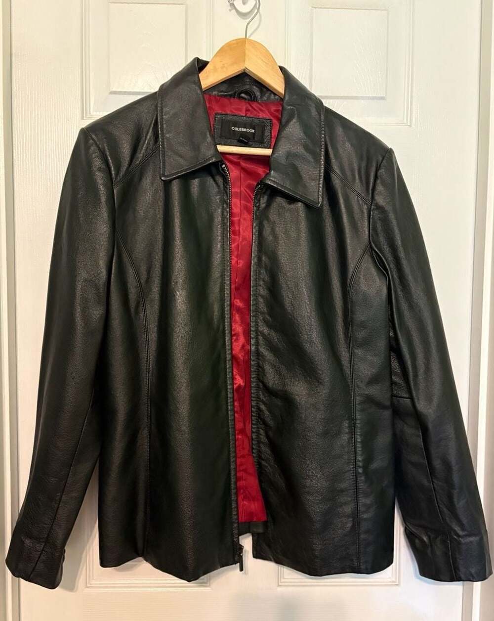 EUC Colebrook Women's Full-Zip Black Leather Jacket with Red Lining, large